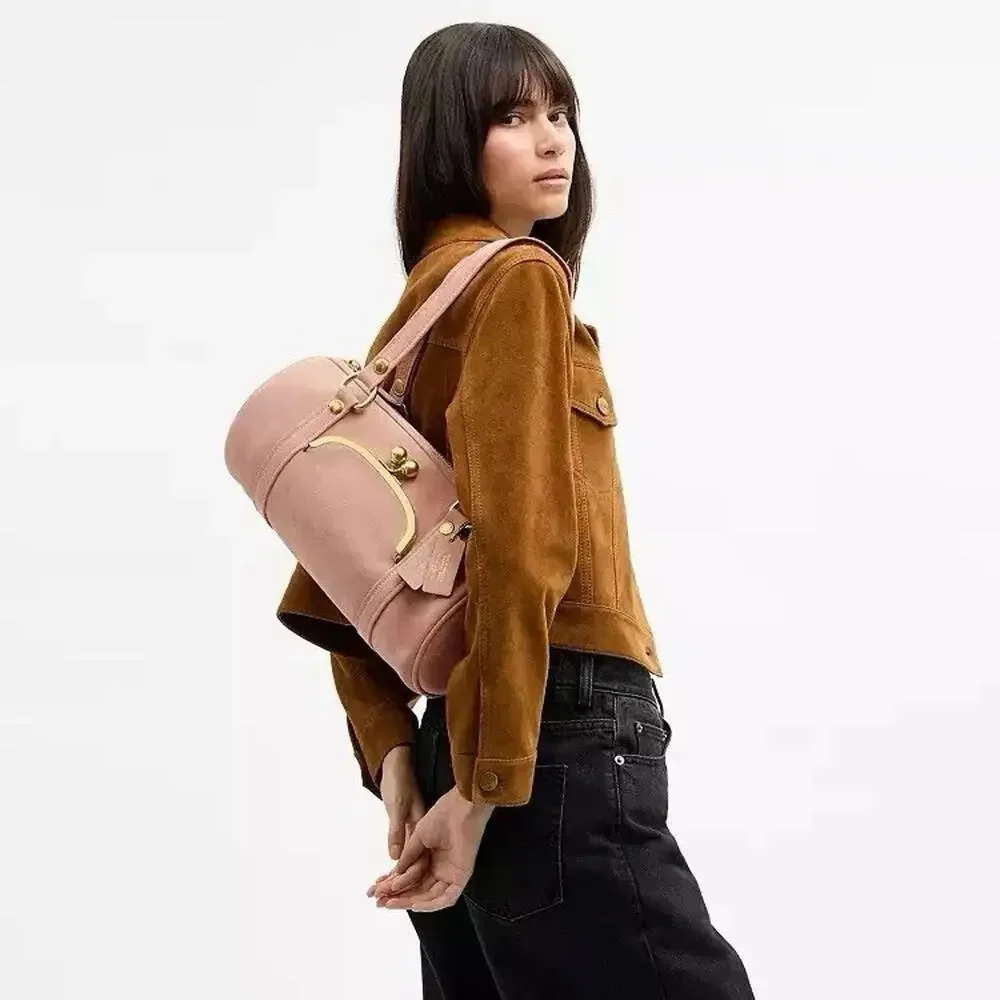 NWT Coach Kisslock Barrel Bag Suede and soft grain leather CDZ16 Brass/Nuage